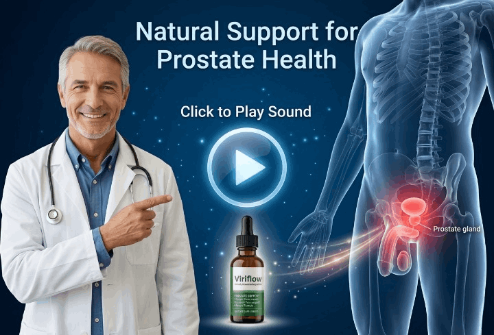 Clickable ViriFlow prostate health supplement image with play button, inviting viewers to watch product video.